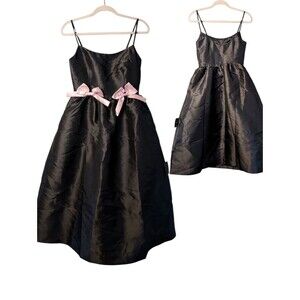 Lulus Black Taffeta Midi Dress pink Bows & Pockets Coquette retro size Small